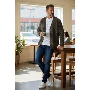 Vintage Club Men's Cardigan Sz XL 100% Lambs Wool V Neck Button Up Sweater Brown